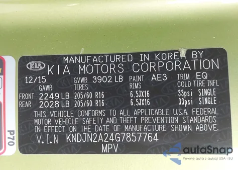 2016 Kia Soul из США, поврежденный, VIN KNDJN2A24G7857764